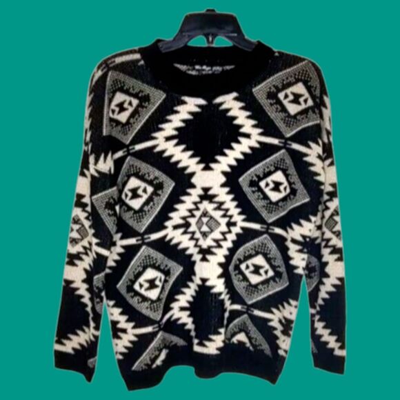 Retro Geometric Soft Tan & Black Sz MED Vintage Pullover Light Sweater The Rage - Picture 1 of 11